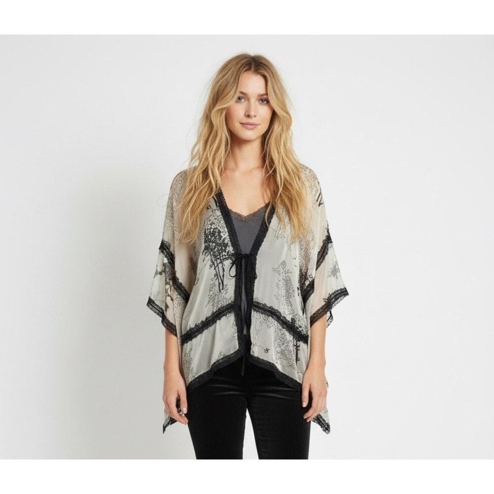 Matty M 100% Silk Sheer Lace‑Trim Kimono Duster Size Small